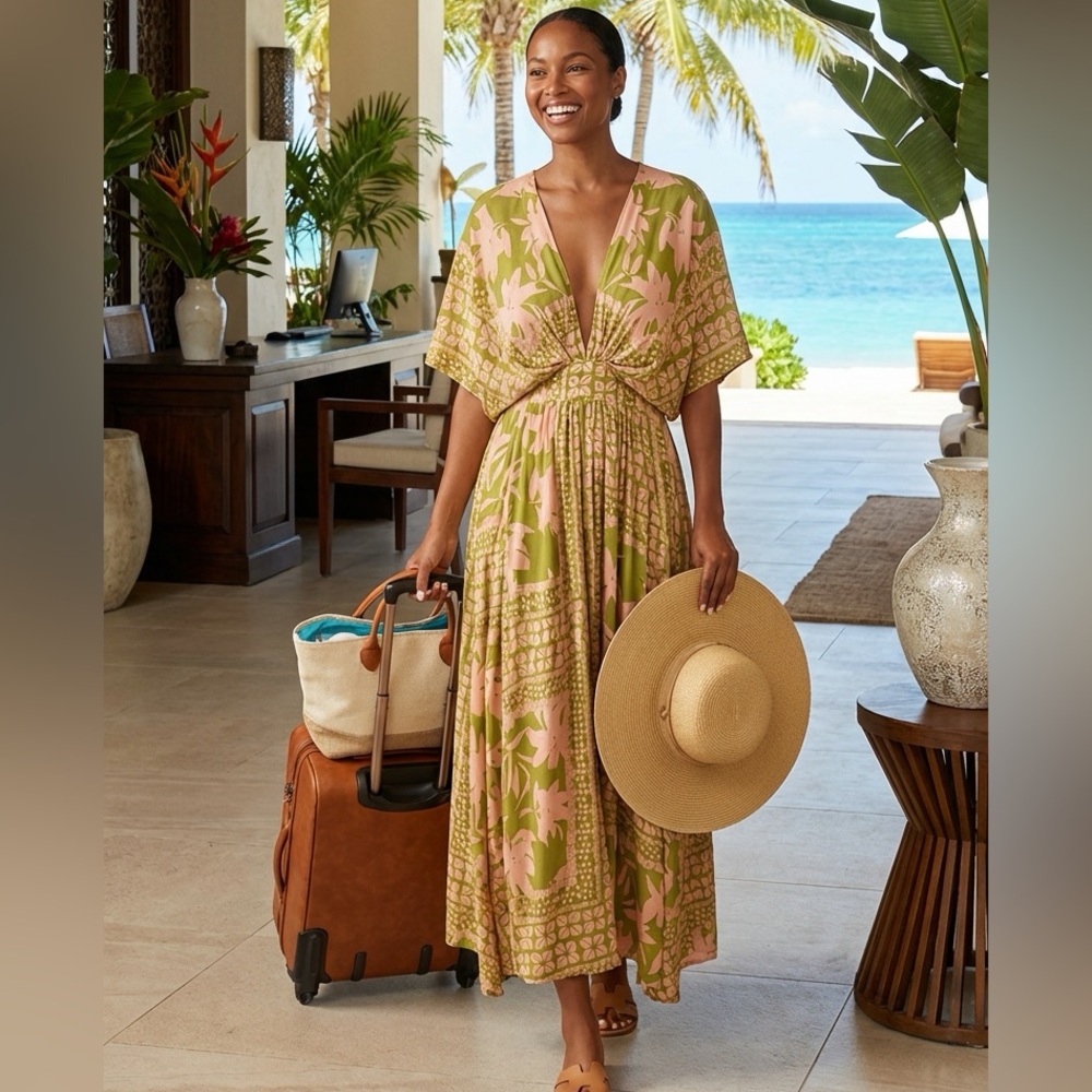 Resortwear Maxi Floral Deep V Dolman Sleeve Split Dress